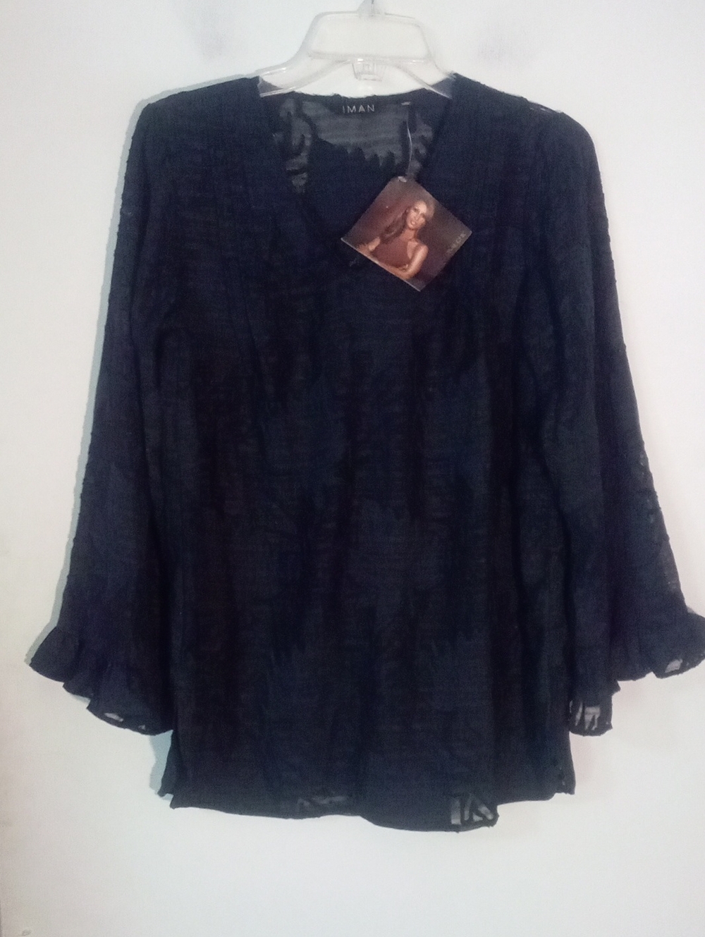 * IMAN Black V-Neck Semi-Sheer Long Sleeve Blouse Small NWT $42 Global Chic